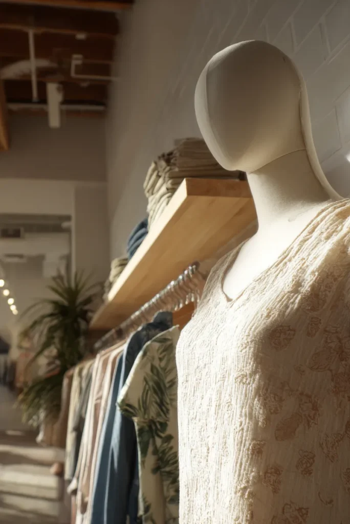 A close-up of a neutral-toned mannequin wearing a patterned cream blouse in a modern boutique, featuring natural wood shelving, folded apparel, and soft indoor lighting.