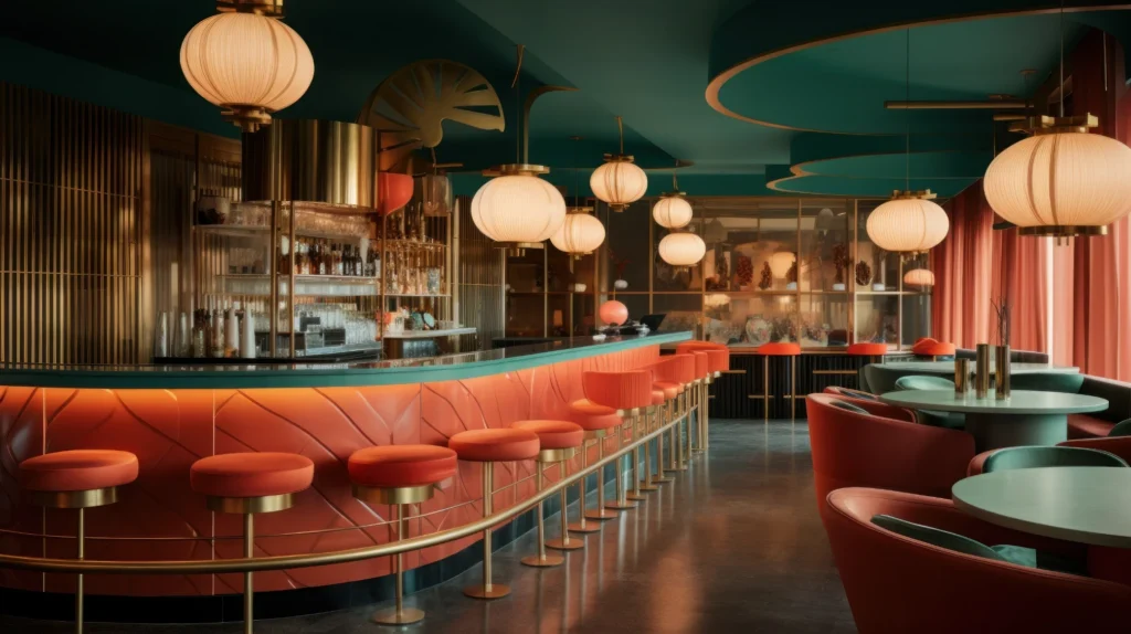 Luxury modern restaurant interior featuring a curved teal bar, orange velvet stools, and warm paper lantern pendant lights in a Chinoiserie-inspired design.