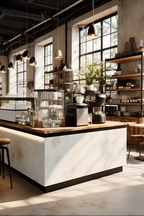 A rustic industrial-style coffee shop featuring a white marble service counter, wooden accents, black pendant lighting, and large windows with natural sunlight.