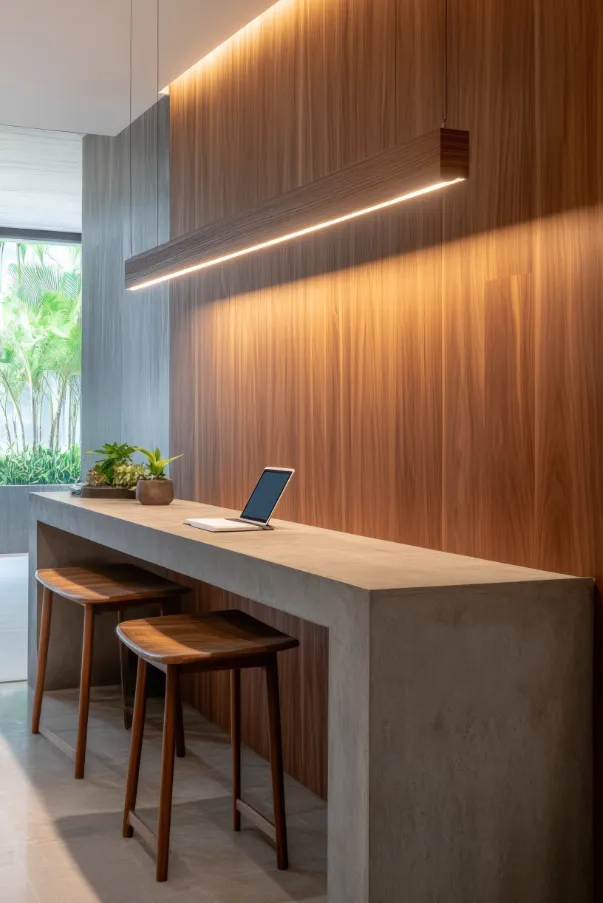 A minimalist modern workspace featuring a long grey concrete desk, two wooden bar stools, a laptop, and a warm wood-paneled wall illuminated by a linear pendant light.